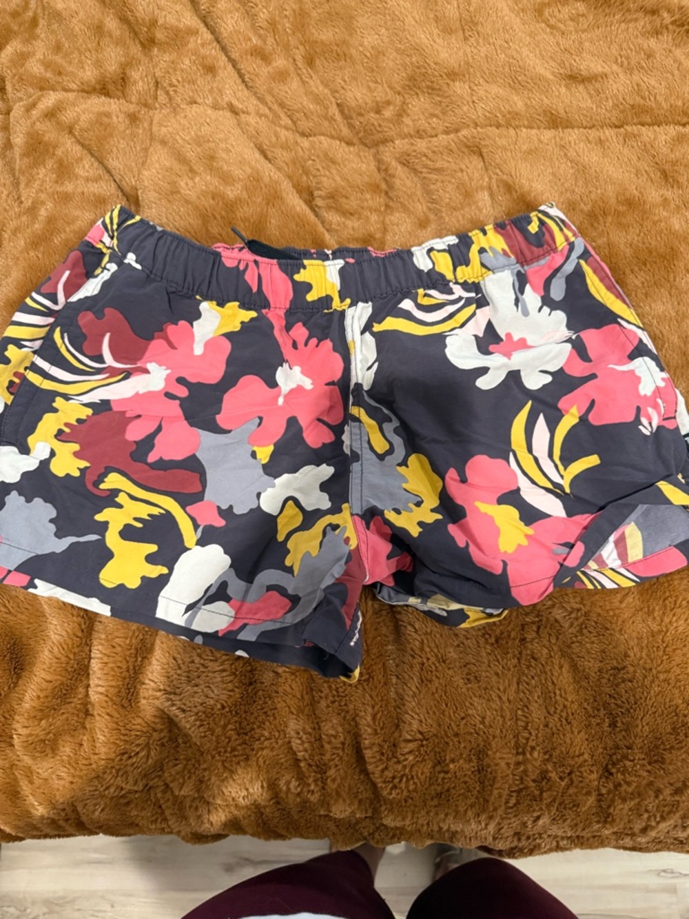 Patagonia Navy Floral Athletic Shorts with Pink & Yellow Accents
